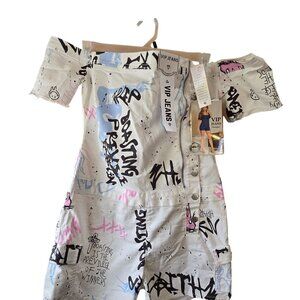 VIP Jeans Graffiti Print Romper Size 2x Women White & Multicolor Short‎ Sleeve
